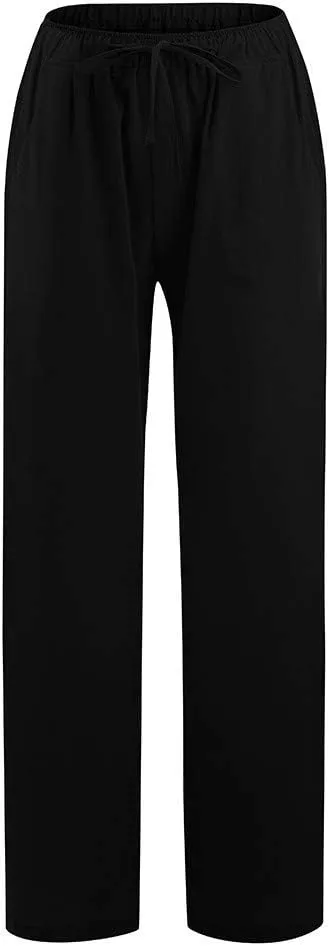 Ceboyel Womens Wide Leg Palazzo Pants Drawstring Cotton Linen Pants Elastic High Waist Lounge Trousers Boho Summer Outfits