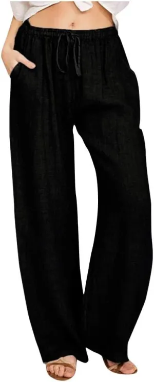 Ceboyel Womens Wide Leg Palazzo Pants Drawstring Cotton Linen Pants Elastic High Waist Lounge Trousers Boho Summer Outfits
