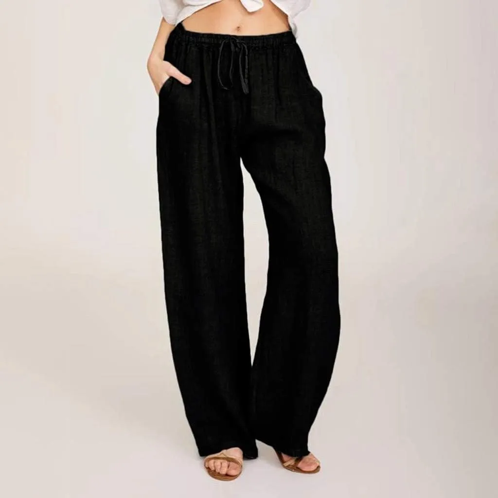 Ceboyel Womens Wide Leg Palazzo Pants Drawstring Cotton Linen Pants Elastic High Waist Lounge Trousers Boho Summer Outfits