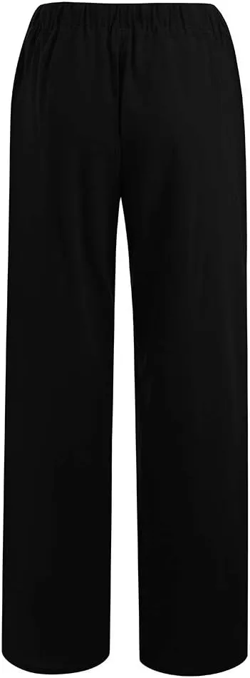 Ceboyel Womens Wide Leg Palazzo Pants Drawstring Cotton Linen Pants Elastic High Waist Lounge Trousers Boho Summer Outfits