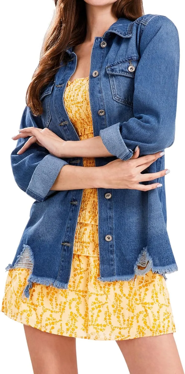 CHARTOU Women's Casual Distressed Long Sleeve Button Down Shirt Ripped Denim Jacket Jean Coat