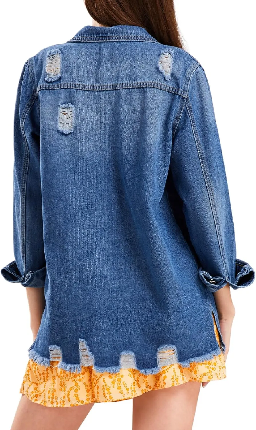 CHARTOU Women's Casual Distressed Long Sleeve Button Down Shirt Ripped Denim Jacket Jean Coat