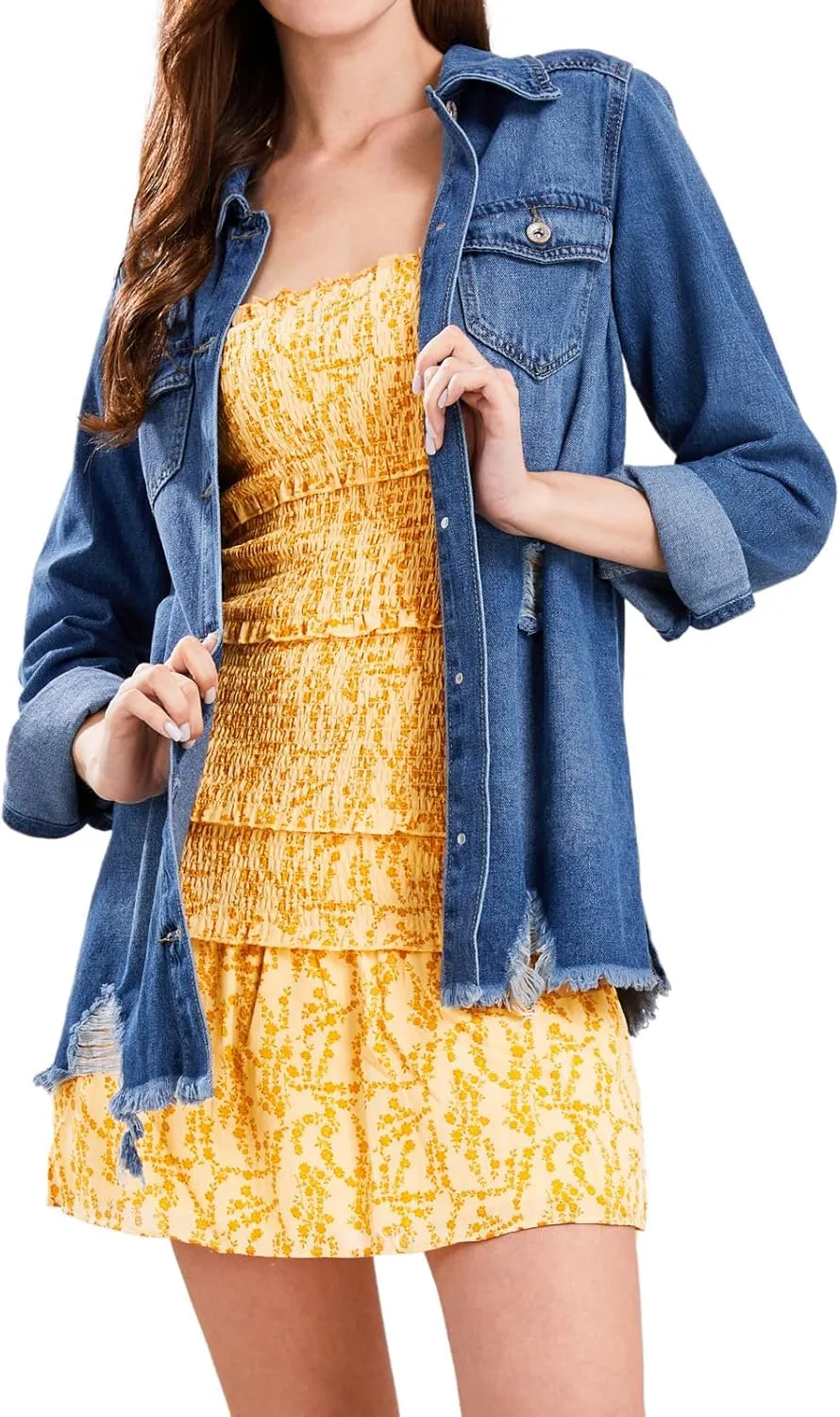 CHARTOU Women's Casual Distressed Long Sleeve Button Down Shirt Ripped Denim Jacket Jean Coat
