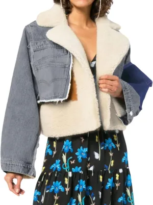 CHARTOU Women's Trendy Sherpa Fleece Patchwork Ripped Moto Biker Thick Quilted Denim Jacket Short Coat