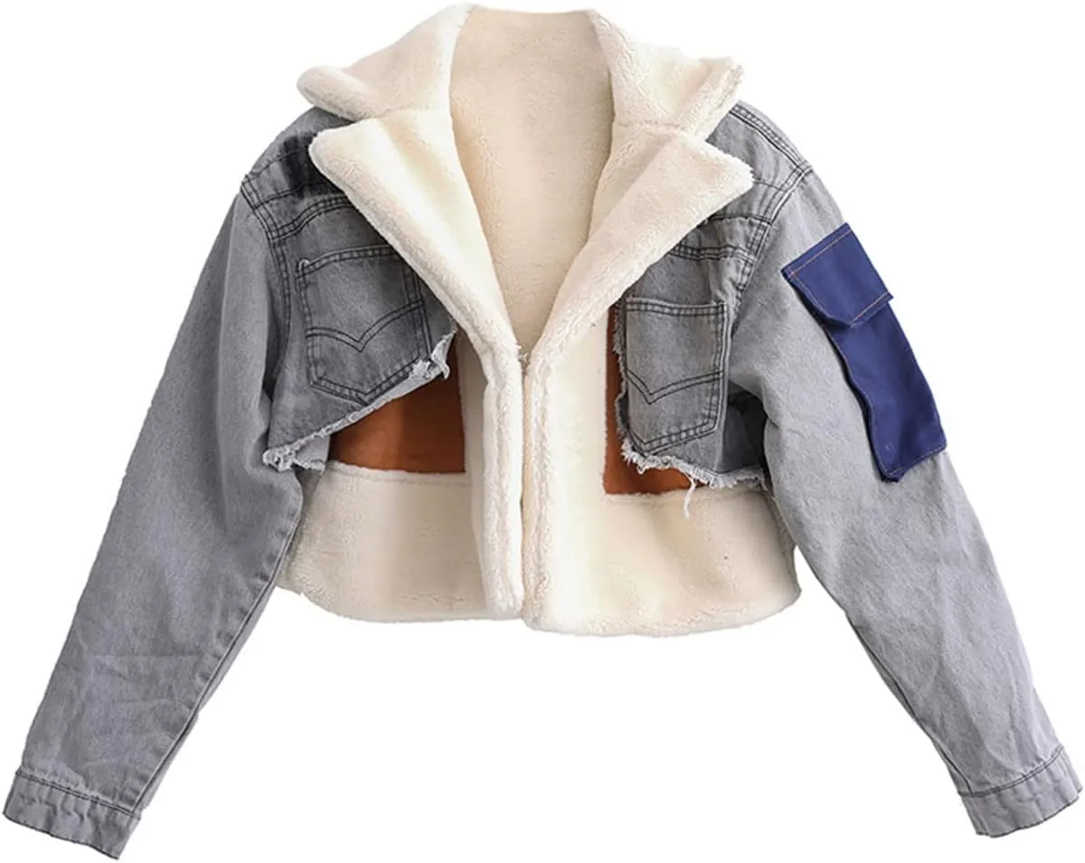 CHARTOU Women's Trendy Sherpa Fleece Patchwork Ripped Moto Biker Thick Quilted Denim Jacket Short Coat