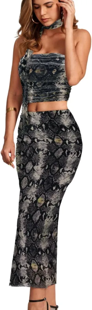 Cheetah Print Maxi Dress, 2 Piece Skirt Set, Going Out Outfits, Animal Tube Top Women Sexy High Waisted Halter