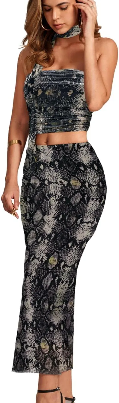 Cheetah Print Maxi Dress, 2 Piece Skirt Set, Going Out Outfits, Animal Tube Top Women Sexy High Waisted Halter