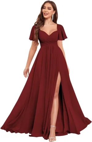 Chiffon Bridesmaid Dresses Long with Slit for Wedding Women Sweetheart Ruched Formal Evening Dress with Sleeves