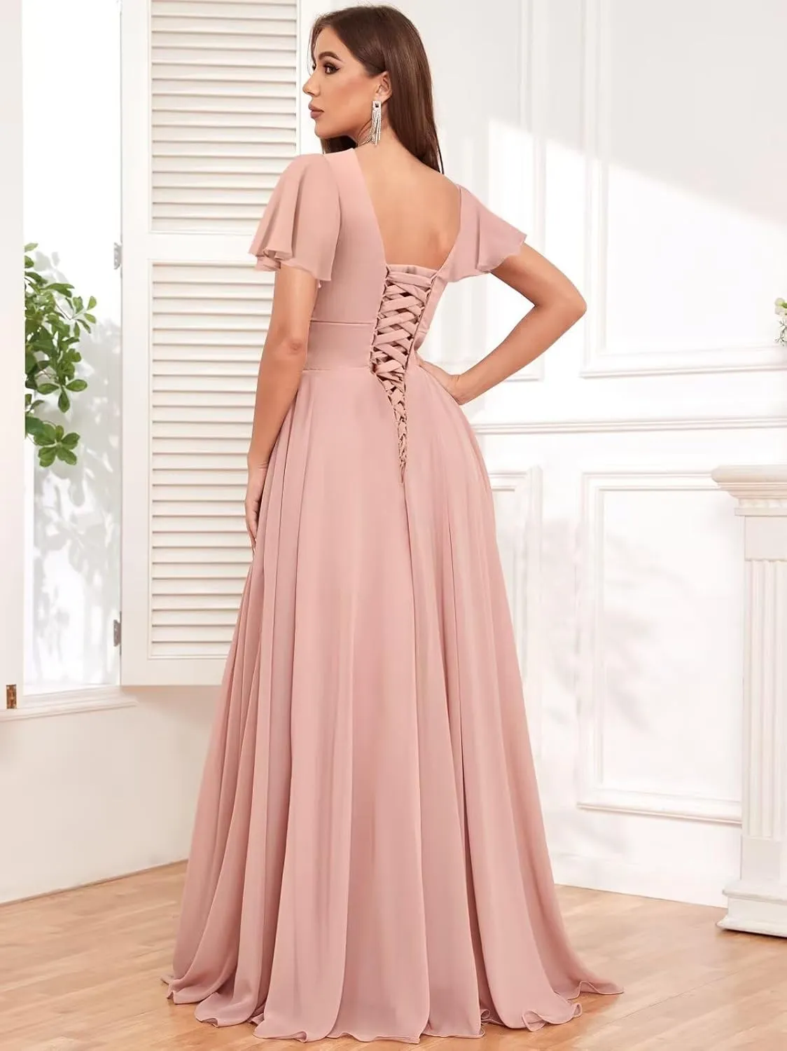 Chiffon Bridesmaid Dresses Long with Slit for Wedding Women Sweetheart Ruched Formal Evening Dress with Sleeves