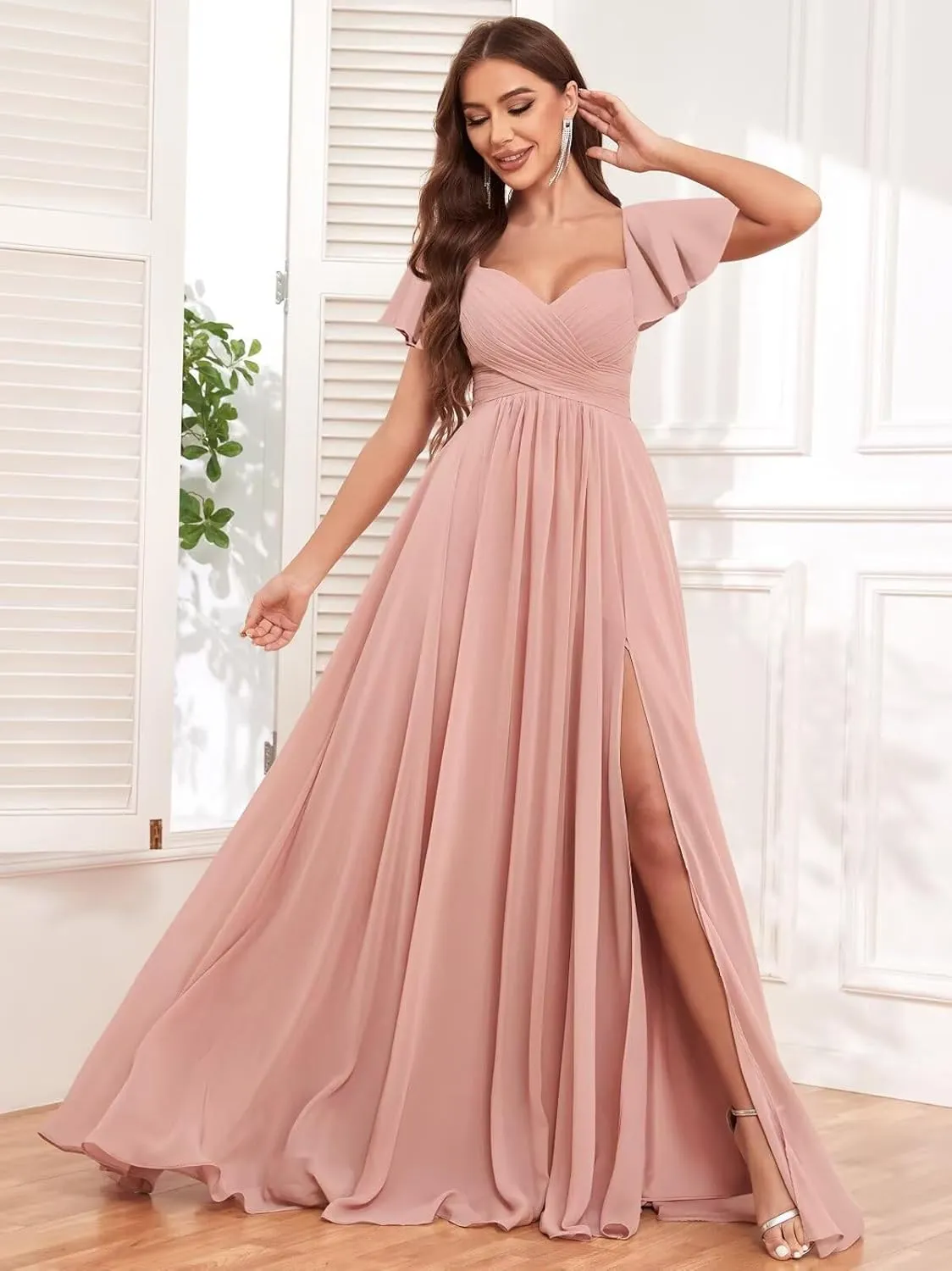 Chiffon Bridesmaid Dresses Long with Slit for Wedding Women Sweetheart Ruched Formal Evening Dress with Sleeves