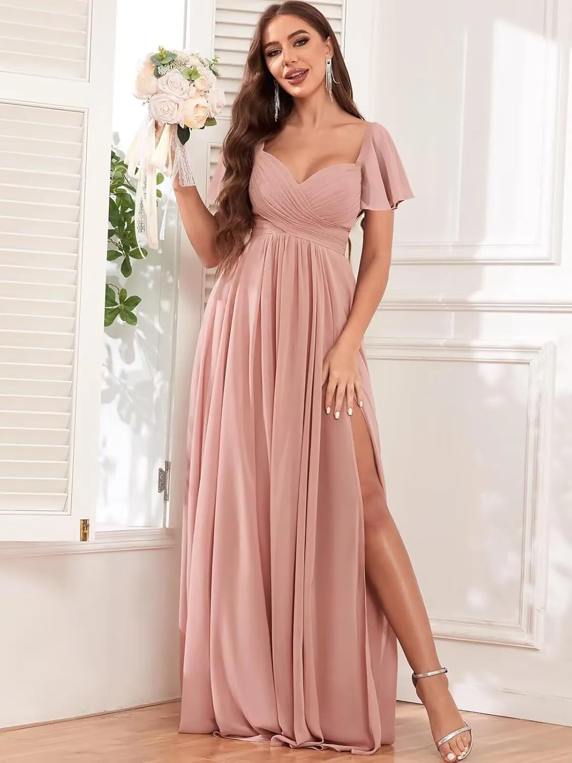 Chiffon Bridesmaid Dresses Long with Slit for Wedding Women Sweetheart Ruched Formal Evening Dress with Sleeves