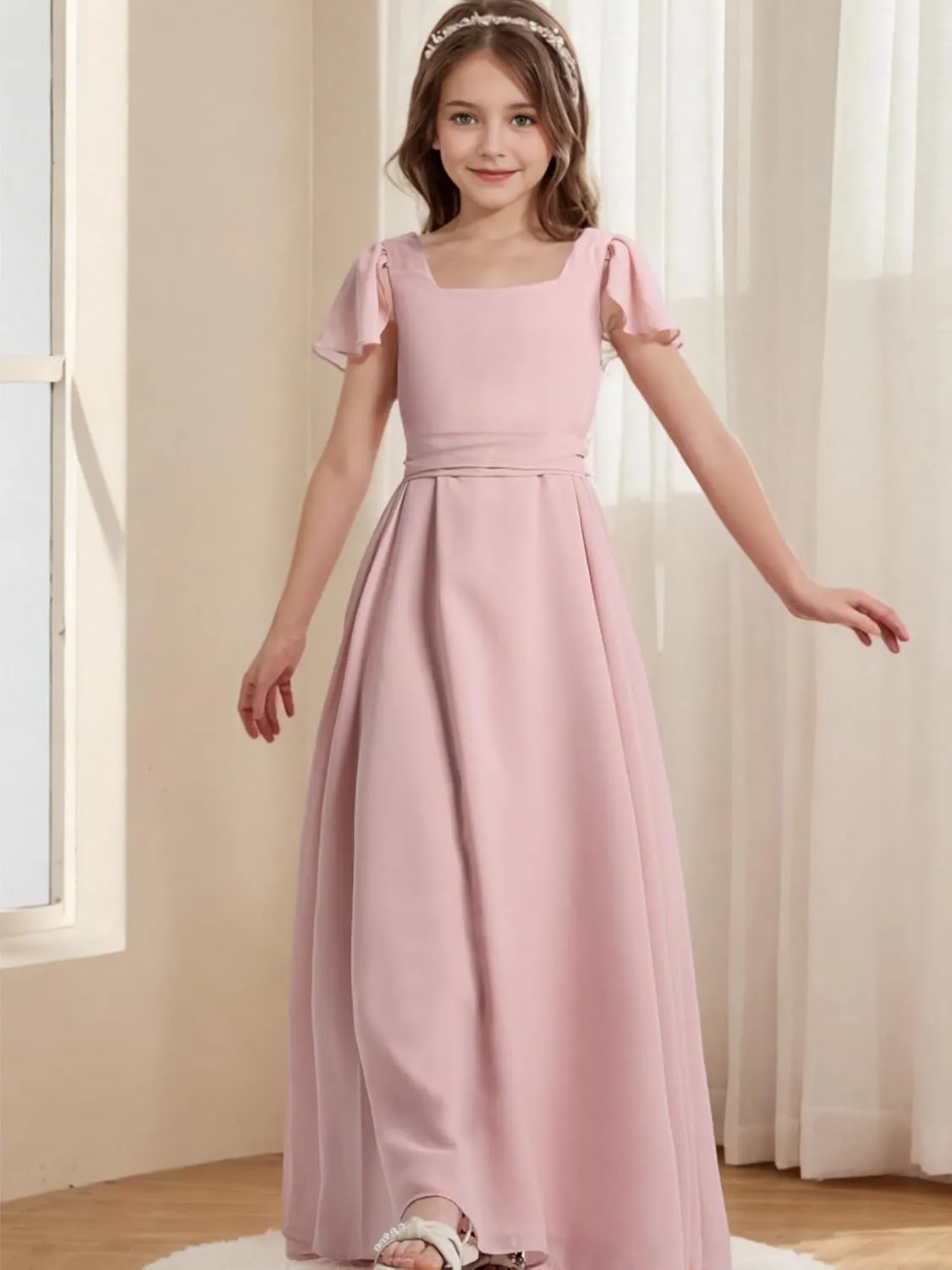 Chiffon Flower Girls Dresses Cap Sleeve Junior Bridesmaid Dress A Line Girls Wedding Party Dress