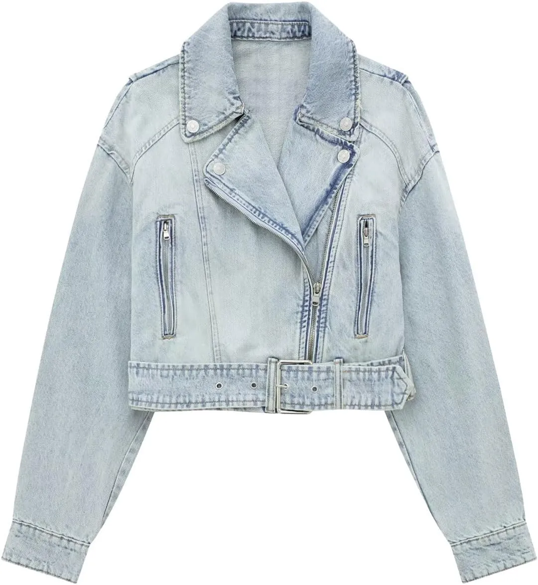 chouyatou Women's Fall Moto Biker Distressed Denim Jacket Boyfriend Casual Belted Short Jean Jacket