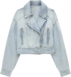 chouyatou Women's Fall Moto Biker Distressed Denim Jacket Boyfriend Casual Belted Short Jean Jacket