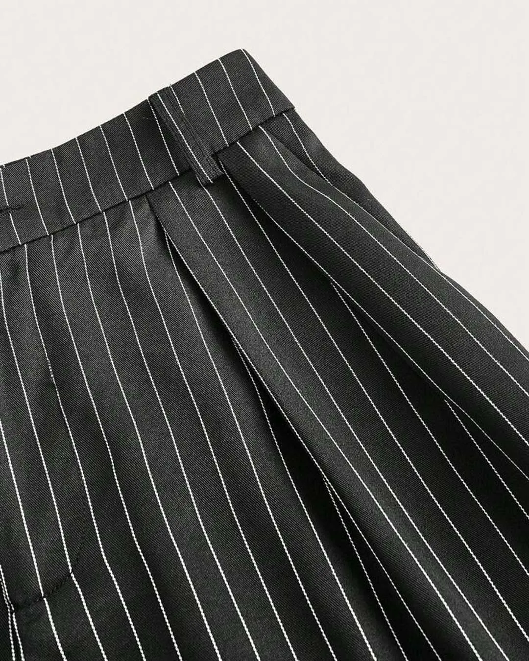 Combo Of two : New Nostalgia Solid High Waist Pleated Wide Leg Pants In Offwhite & Trendy Korean Style Pinstripe Black Trousers