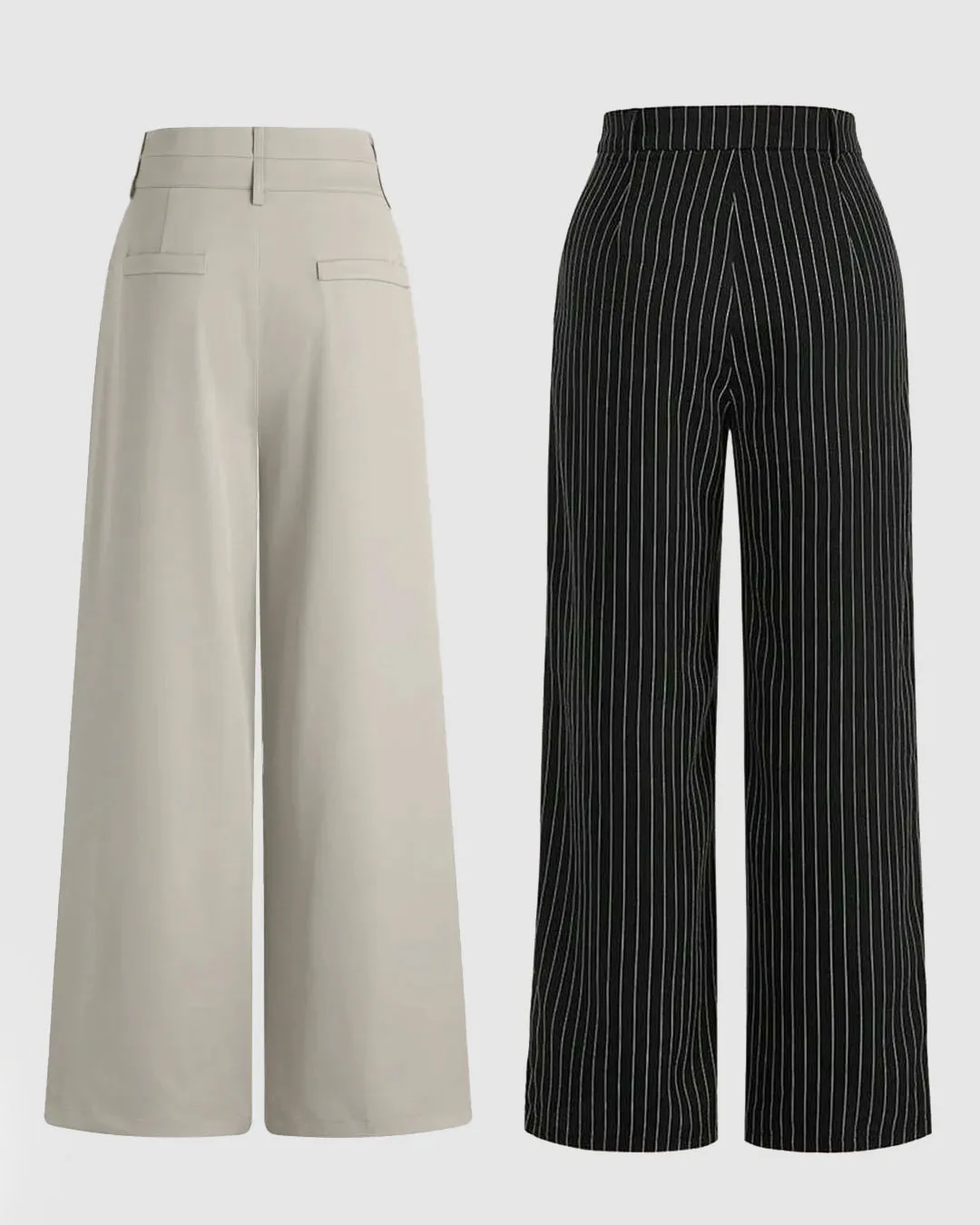 Combo Of two : New Nostalgia Solid High Waist Pleated Wide Leg Pants In Offwhite & Trendy Korean Style Pinstripe Black Trousers