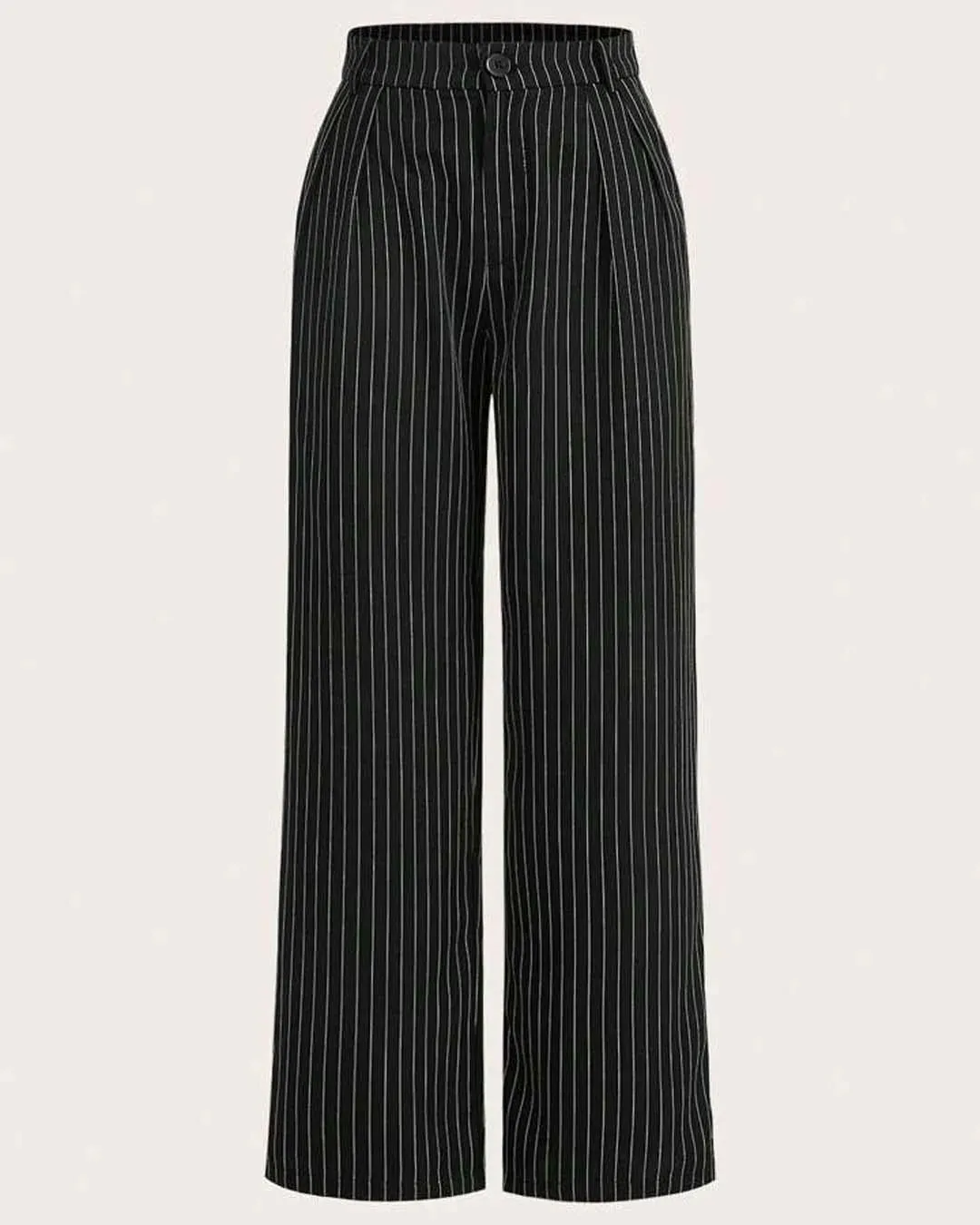 Combo Of two : New Nostalgia Solid High Waist Pleated Wide Leg Pants In Offwhite & Trendy Korean Style Pinstripe Black Trousers