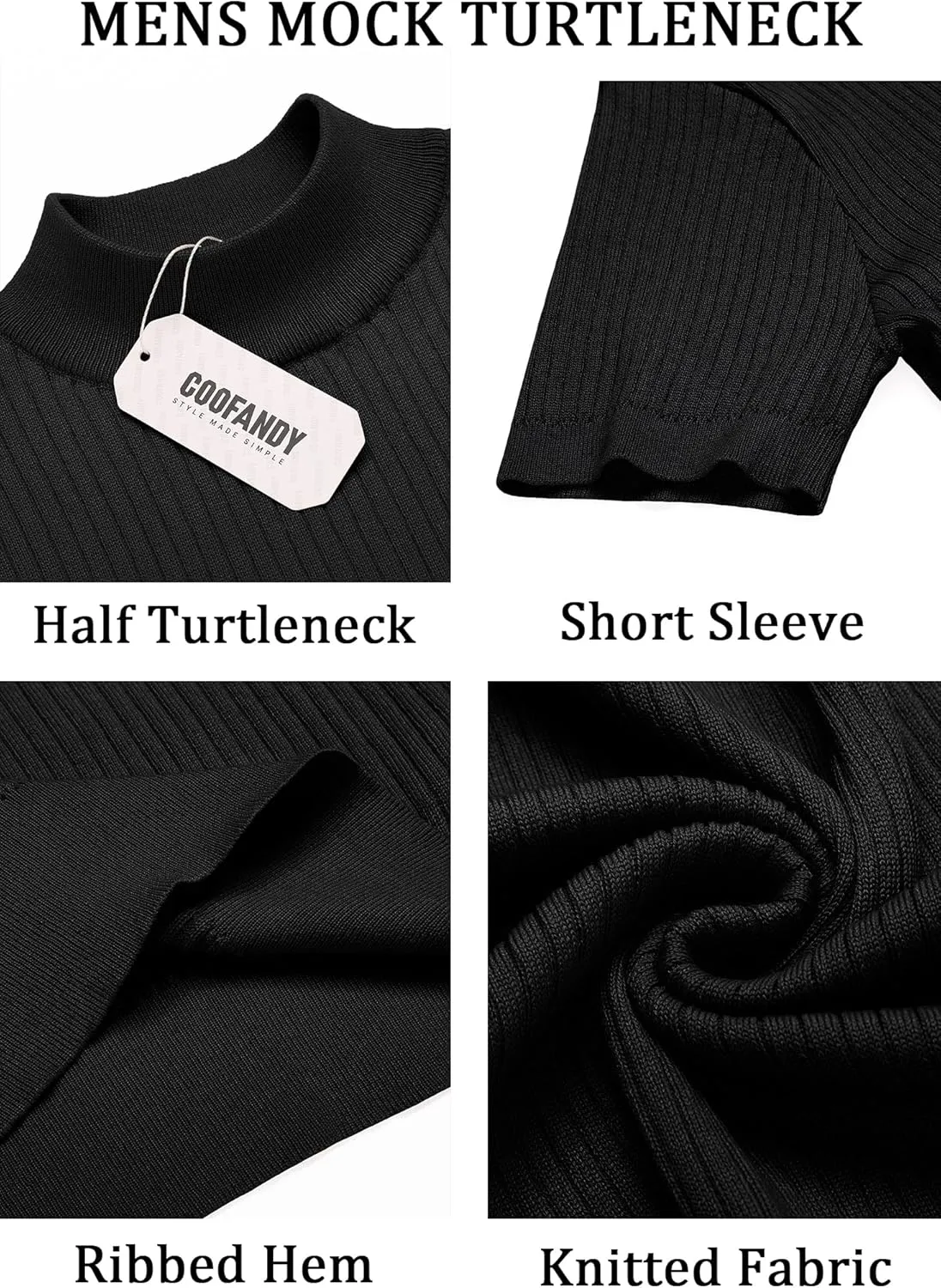 COOFANDY Men's Mock Turtleneck Sweater Short Sleeve Casual Basic Tops Ribbed Knit Pullover Solid Tee