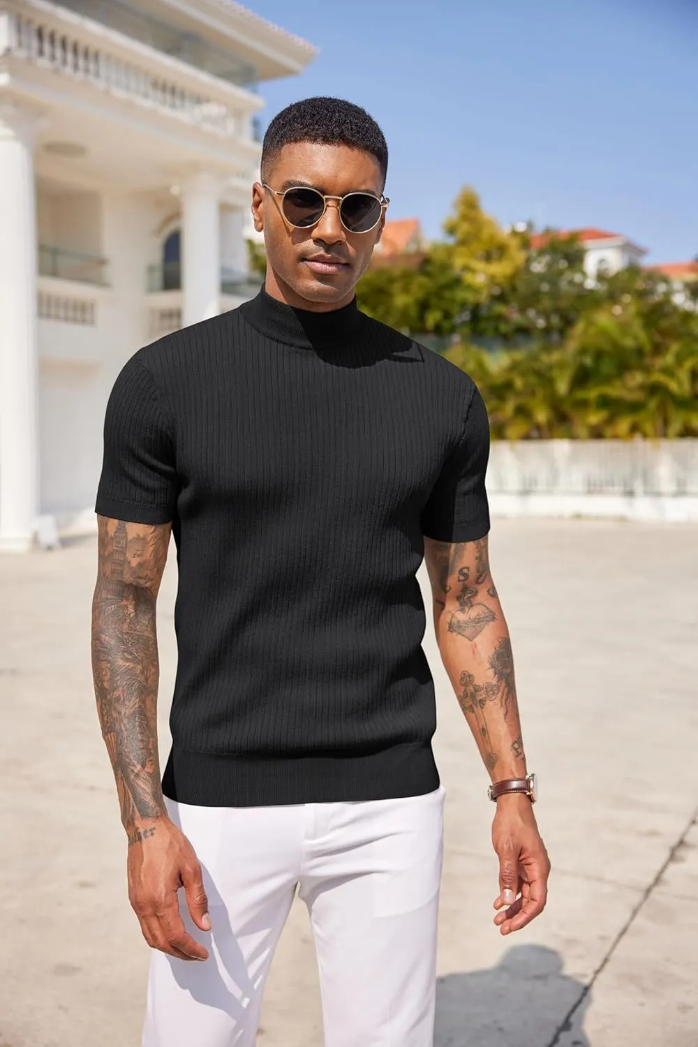 COOFANDY Men's Mock Turtleneck Sweater Short Sleeve Casual Basic Tops Ribbed Knit Pullover Solid Tee