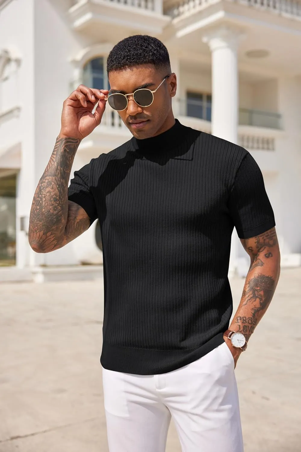 COOFANDY Men's Mock Turtleneck Sweater Short Sleeve Casual Basic Tops Ribbed Knit Pullover Solid Tee