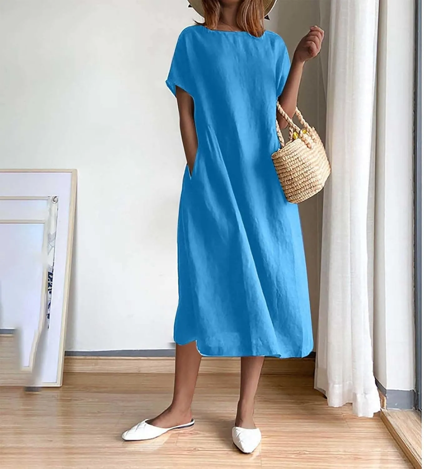 Cotton Linen Dresses for Women 2025 Short Sleeve Midi Beach Dress Flowy Summer Dresses Vacation Shirt Dress with Pocket