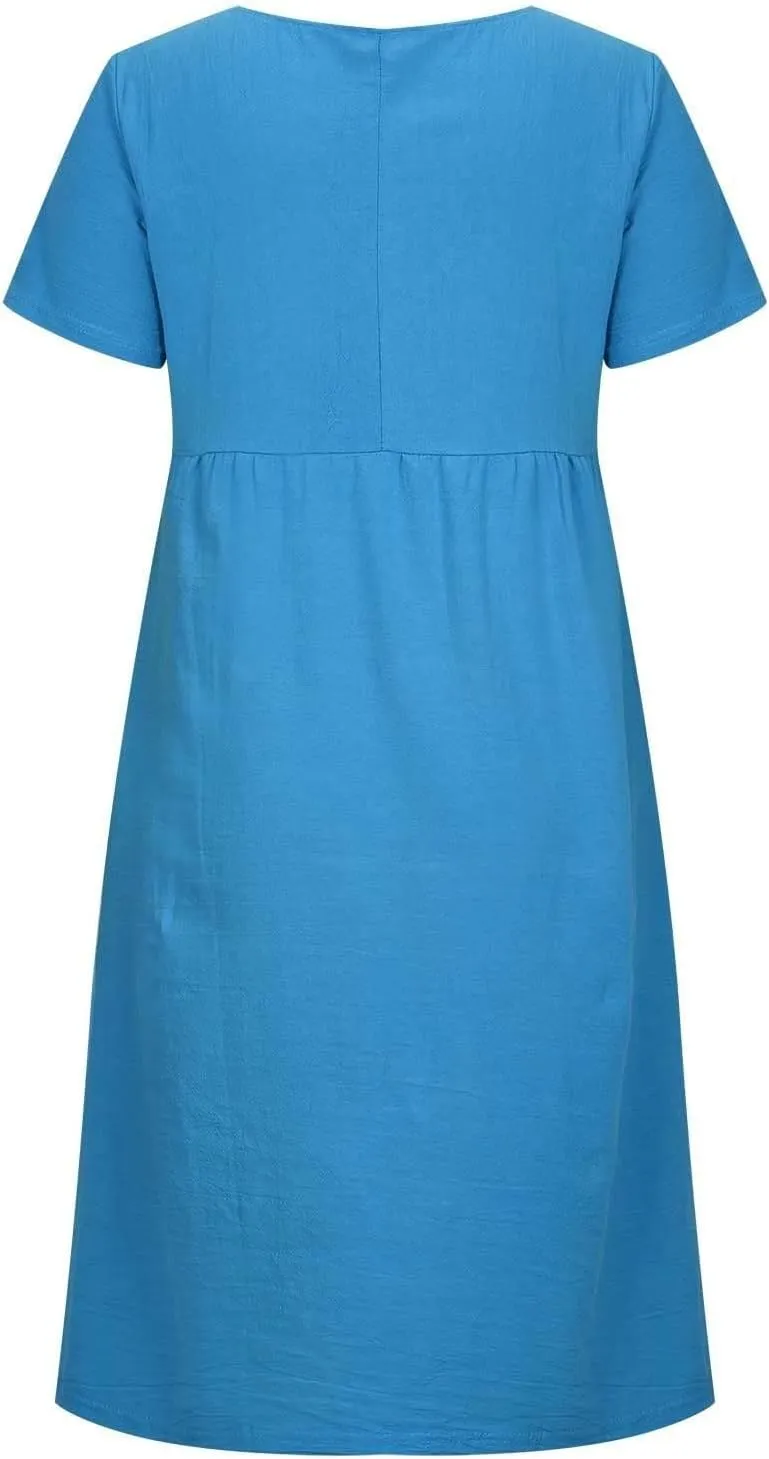 Cotton Linen Dresses for Women 2025 Short Sleeve Midi Beach Dress Flowy Summer Dresses Vacation Shirt Dress with Pocket