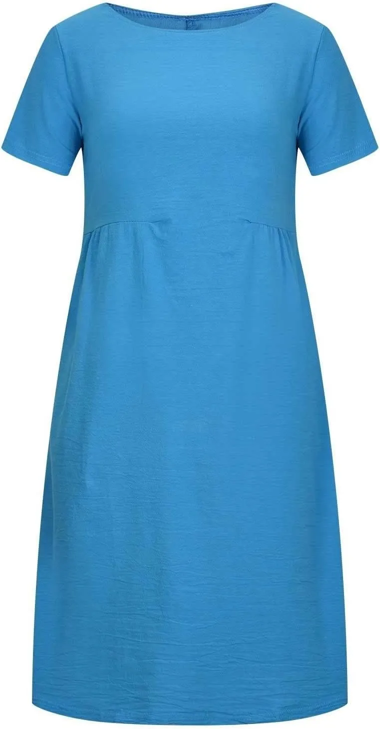 Cotton Linen Dresses for Women 2025 Short Sleeve Midi Beach Dress Flowy Summer Dresses Vacation Shirt Dress with Pocket