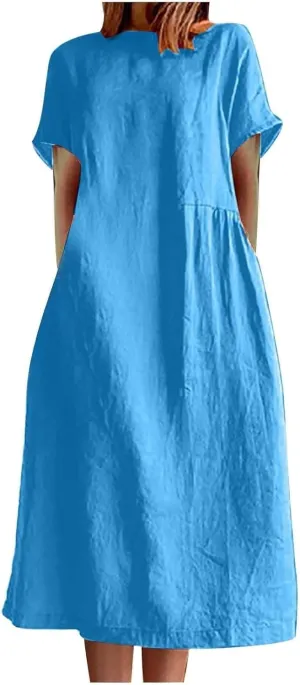 Cotton Linen Dresses for Women 2025 Short Sleeve Midi Beach Dress Flowy Summer Dresses Vacation Shirt Dress with Pocket