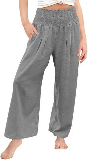 Cotton Linen Palazzo Pants for Girls Casual Smocked High Waist Wide Leg Long Pants Kids Summer Beach Lounge Trousers