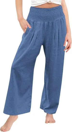 Cotton Linen Palazzo Pants for Girls Casual Smocked High Waist Wide Leg Long Pants Kids Summer Beach Lounge Trousers