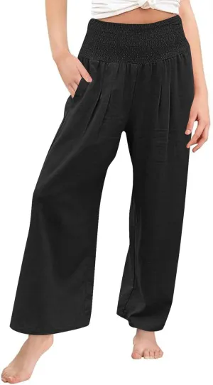 Cotton Linen Palazzo Pants for Girls Casual Smocked High Waist Wide Leg Long Pants Kids Summer Beach Lounge Trousers