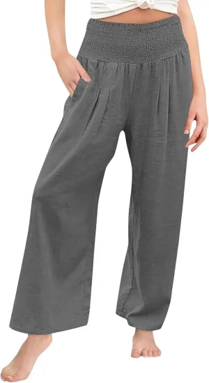 Cotton Linen Palazzo Pants for Girls Casual Smocked High Waist Wide Leg Long Pants Kids Summer Beach Lounge Trousers