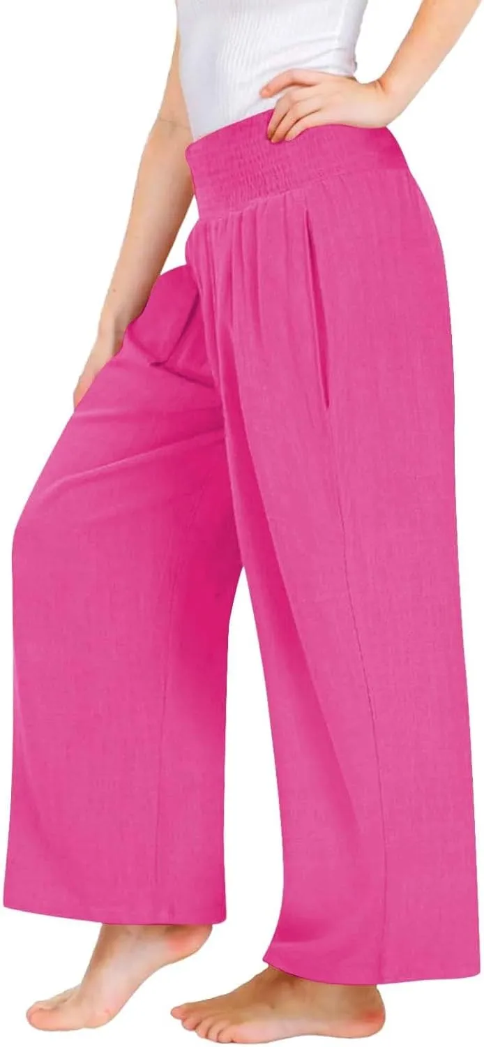 Cotton Linen Palazzo Pants for Girls Casual Smocked High Waist Wide Leg Long Pants Kids Summer Beach Lounge Trousers