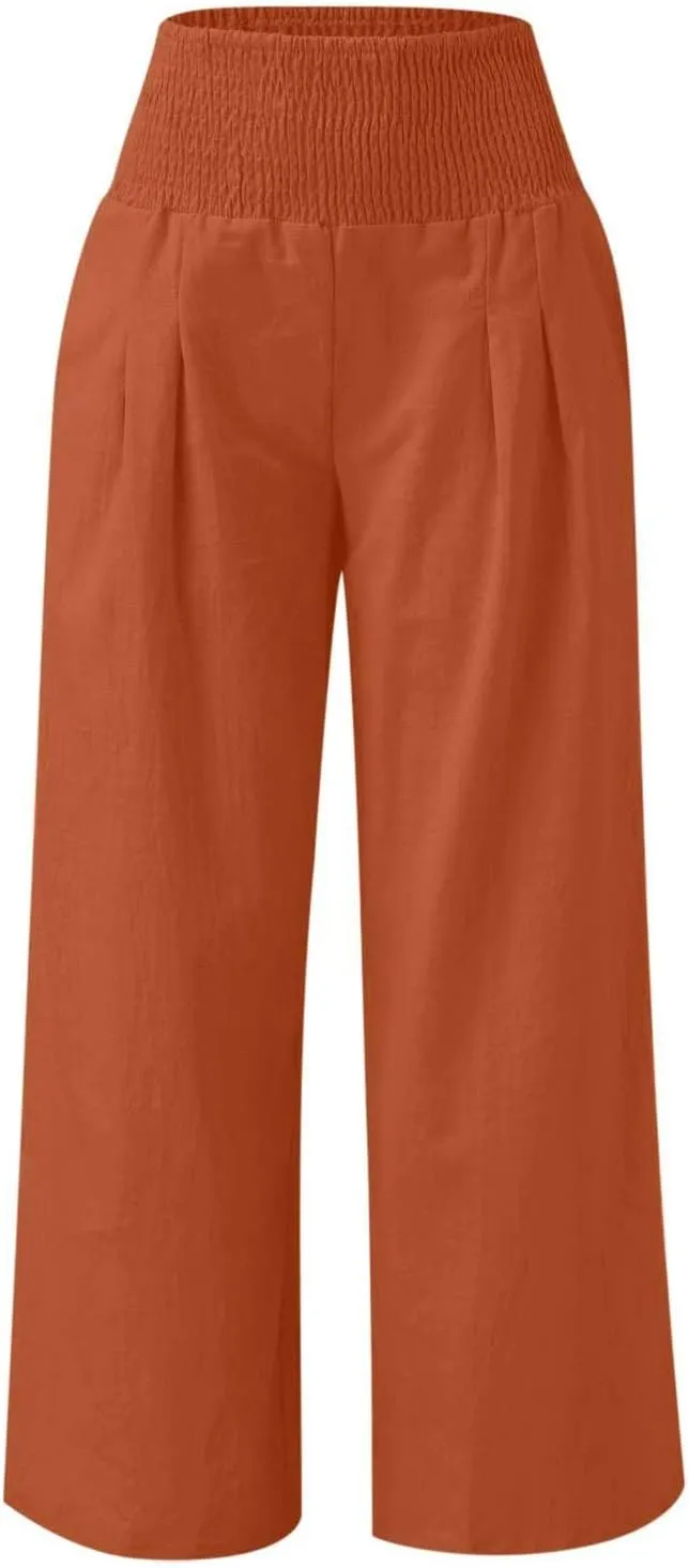 Cotton Linen Palazzo Pants for Girls Casual Smocked High Waist Wide Leg Long Pants Kids Summer Beach Lounge Trousers