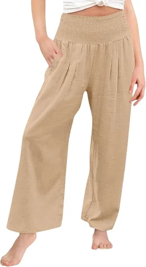 Cotton Linen Palazzo Pants for Girls Casual Smocked High Waist Wide Leg Long Pants Kids Summer Beach Lounge Trousers