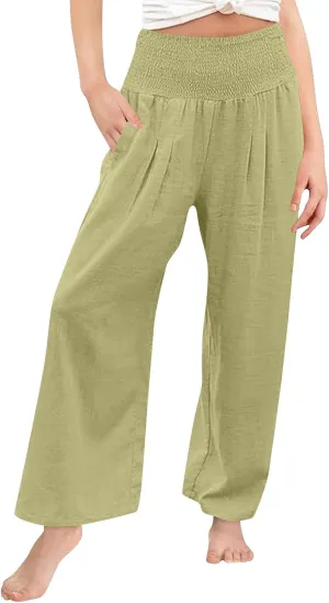 Cotton Linen Palazzo Pants for Girls Casual Smocked High Waist Wide Leg Long Pants Kids Summer Beach Lounge Trousers