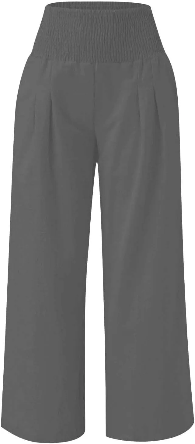 Cotton Linen Palazzo Pants for Girls Casual Smocked High Waist Wide Leg Long Pants Kids Summer Beach Lounge Trousers