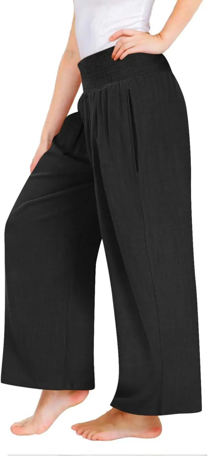 Cotton Linen Palazzo Pants for Girls Casual Smocked High Waist Wide Leg Long Pants Kids Summer Beach Lounge Trousers