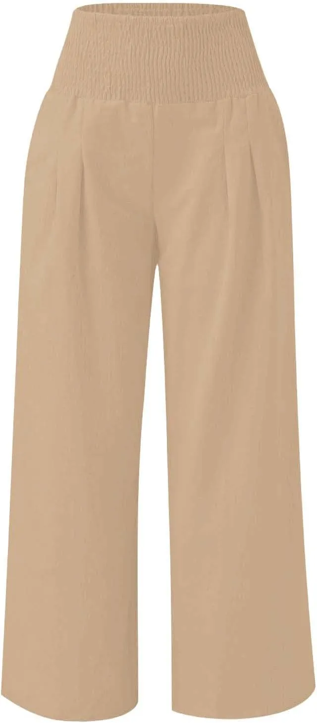 Cotton Linen Palazzo Pants for Girls Casual Smocked High Waist Wide Leg Long Pants Kids Summer Beach Lounge Trousers
