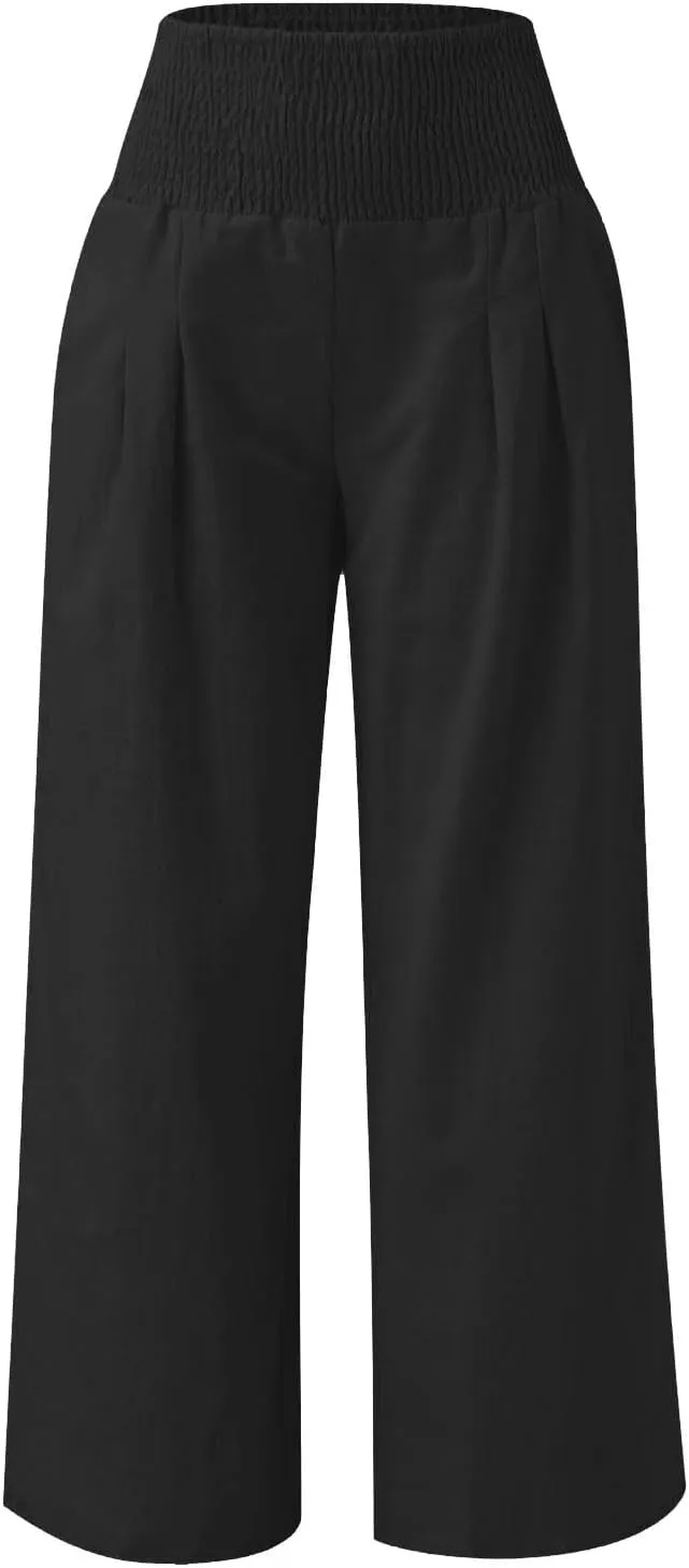 Cotton Linen Palazzo Pants for Girls Casual Smocked High Waist Wide Leg Long Pants Kids Summer Beach Lounge Trousers