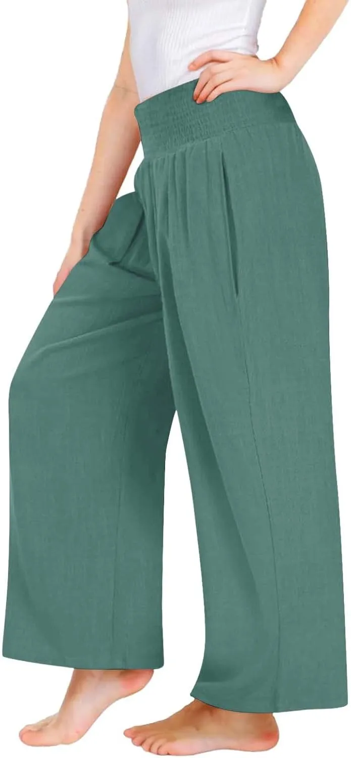 Cotton Linen Palazzo Pants for Girls Casual Smocked High Waist Wide Leg Long Pants Kids Summer Beach Lounge Trousers
