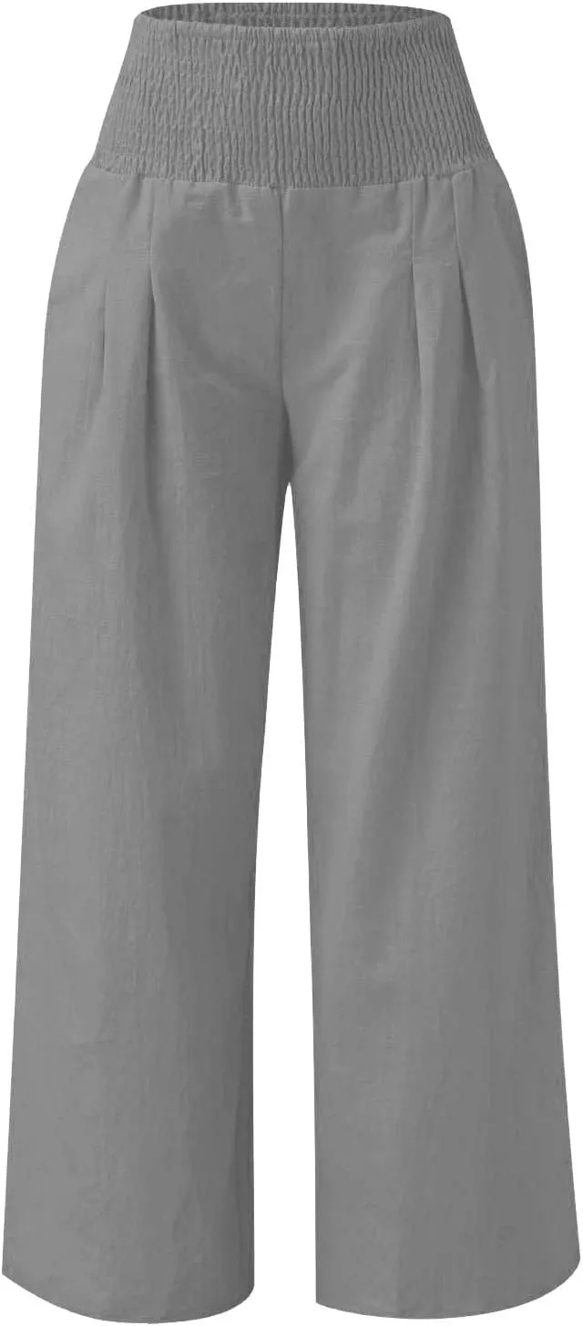 Cotton Linen Palazzo Pants for Girls Casual Smocked High Waist Wide Leg Long Pants Kids Summer Beach Lounge Trousers