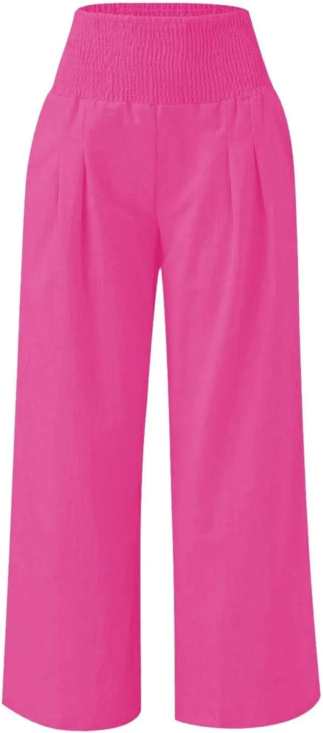 Cotton Linen Palazzo Pants for Girls Casual Smocked High Waist Wide Leg Long Pants Kids Summer Beach Lounge Trousers