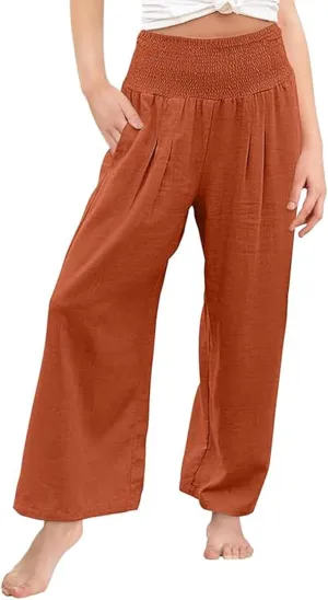 Cotton Linen Palazzo Pants for Girls Casual Smocked High Waist Wide Leg Long Pants Kids Summer Beach Lounge Trousers