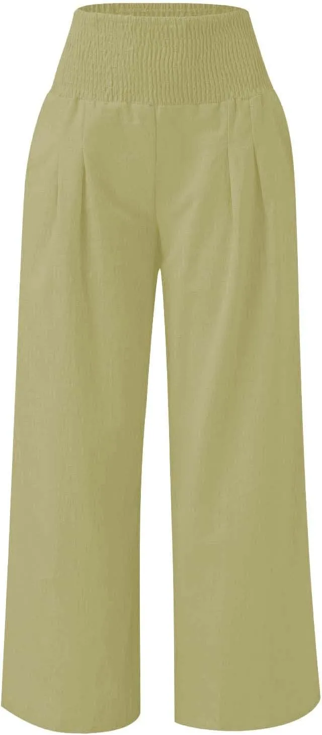Cotton Linen Palazzo Pants for Girls Casual Smocked High Waist Wide Leg Long Pants Kids Summer Beach Lounge Trousers