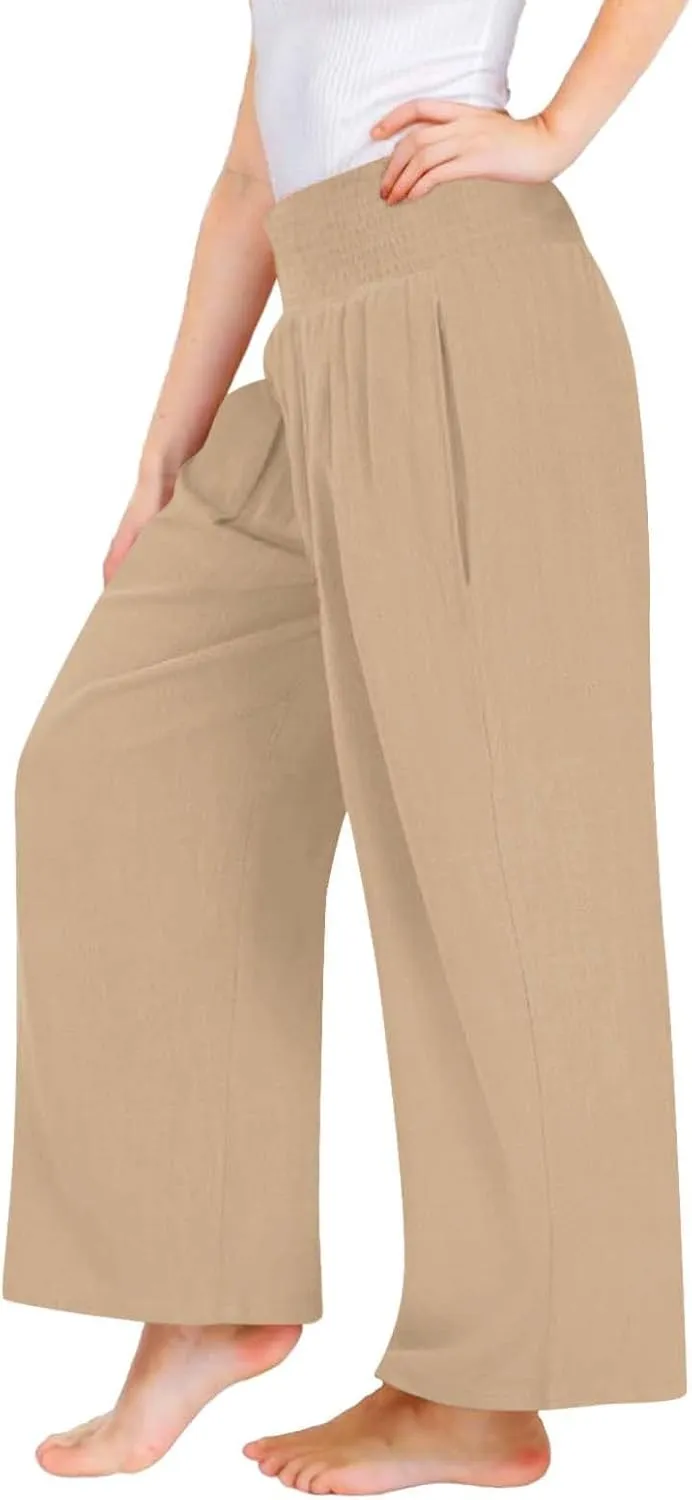 Cotton Linen Palazzo Pants for Girls Casual Smocked High Waist Wide Leg Long Pants Kids Summer Beach Lounge Trousers