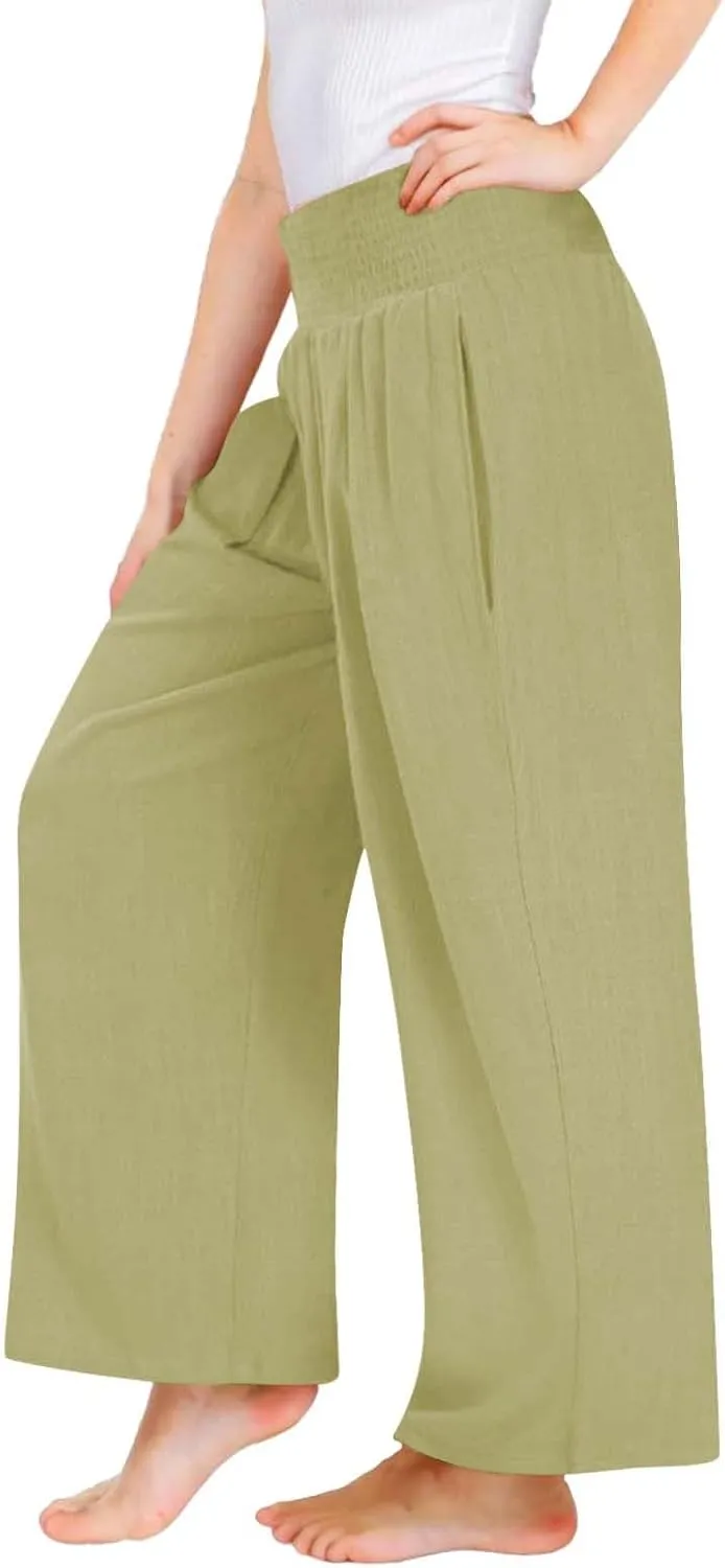 Cotton Linen Palazzo Pants for Girls Casual Smocked High Waist Wide Leg Long Pants Kids Summer Beach Lounge Trousers
