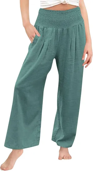 Cotton Linen Palazzo Pants for Girls Casual Smocked High Waist Wide Leg Long Pants Kids Summer Beach Lounge Trousers