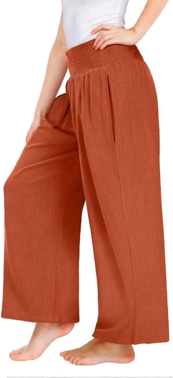 Cotton Linen Palazzo Pants for Girls Casual Smocked High Waist Wide Leg Long Pants Kids Summer Beach Lounge Trousers