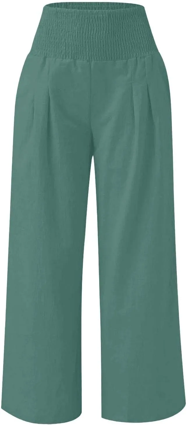 Cotton Linen Palazzo Pants for Girls Casual Smocked High Waist Wide Leg Long Pants Kids Summer Beach Lounge Trousers